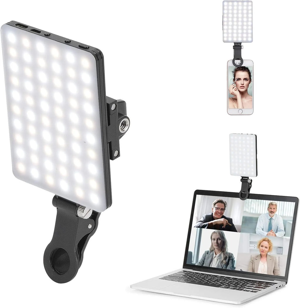 Clip-on LED light with warm and cool beads, shown clipped to a phone, mounted on a DSLR and clipped to a laptop