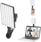 Clip-on LED light with warm and cool beads, shown clipped to a phone, mounted on a DSLR and clipped to a laptop
