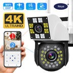White Neye security camera with a fixed upper lens and a lower pan-tilt lens, beside a phone showing two camera views