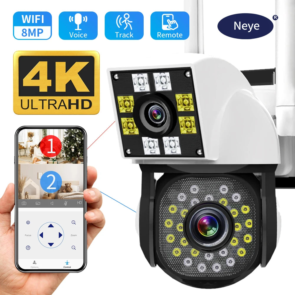 White Neye security camera with a fixed upper lens and a lower pan-tilt lens, beside a phone showing two camera views