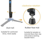 Black Bexin monopod shown closed, and extended on small blue and black support feet with a video head and a long handle