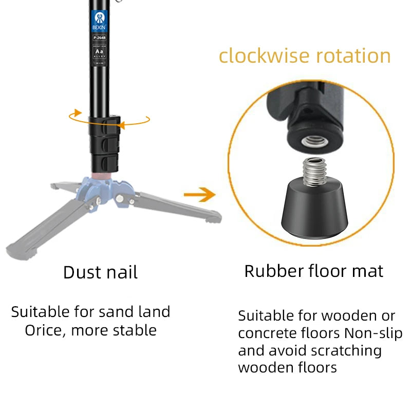 Black Bexin monopod shown closed, and extended on small blue and black support feet with a video head and a long handle
