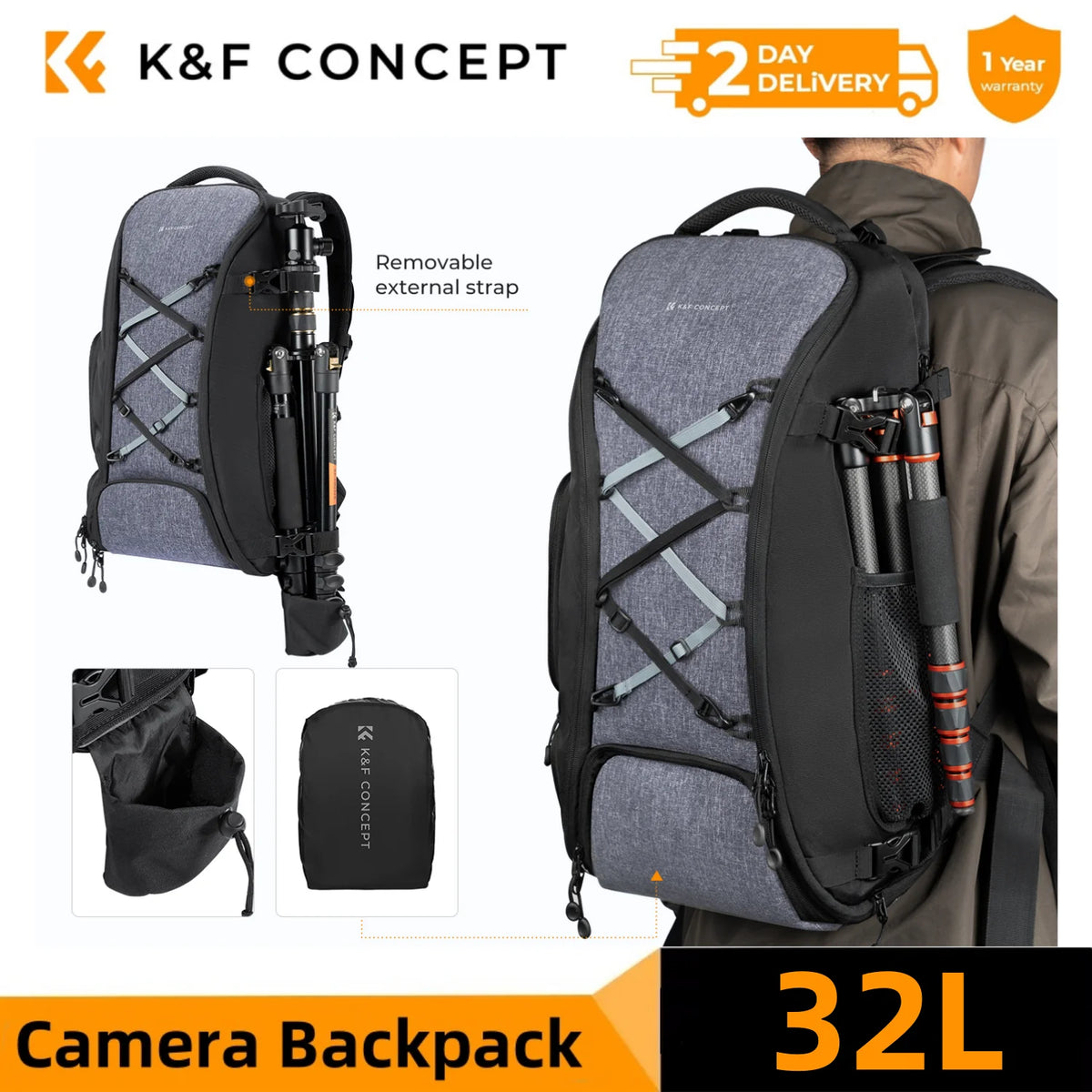 Grey and black camera backpack worn on a man's back with a tripod strapped to one side, plus insets of the rain cover