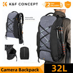Grey and black camera backpack worn on a man's back with a tripod strapped to one side, plus insets of the rain cover