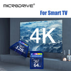 Four blue Microdrive Class 10 SD cards stepped in a row, with a Canon DSLR lens in the top corner