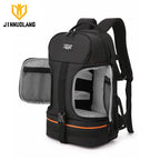 Black Jinnuolang camera backpack with a side access panel open to a grey padded camera compartment