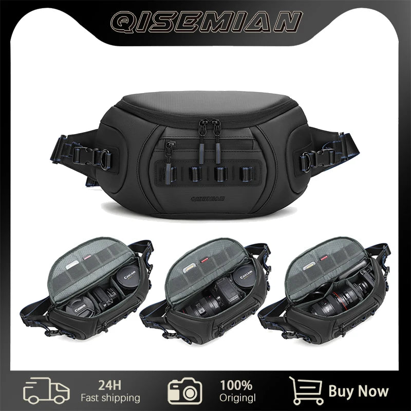 Black Qisemian camera sling bag shown closed, and open three times with a DSLR and lenses in grey dividers