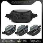 Black Qisemian camera sling bag shown closed, and open three times with a DSLR and lenses in grey dividers