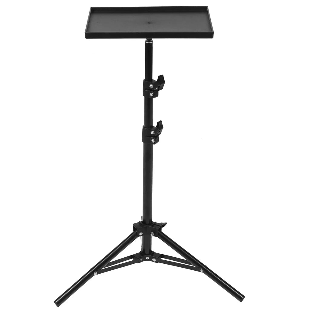 Black tripod stand with a rectangular tray on a telescoping pole, with close-ups of the tray mount and the leg joint
