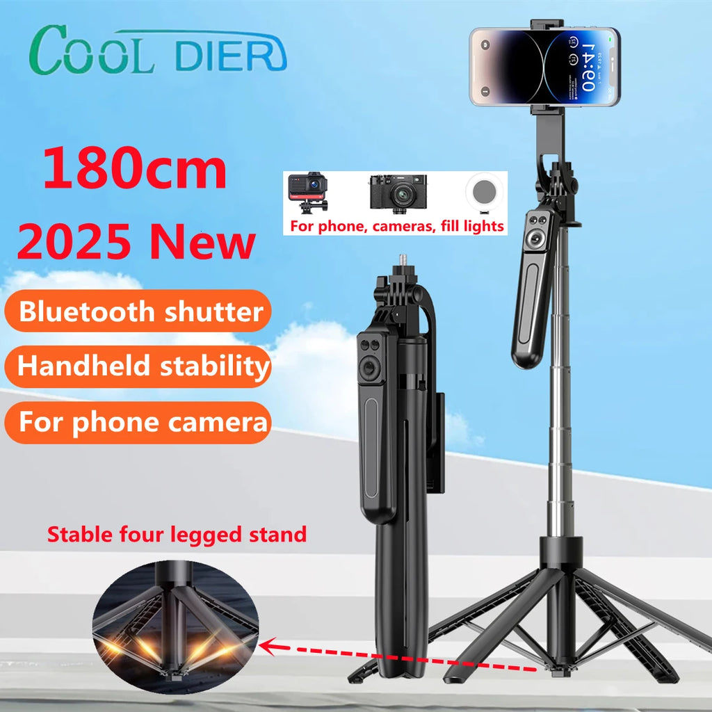 Black phone tripod extended on its legs with a smartphone on top and a remote on the pole, plus a folded one beside it