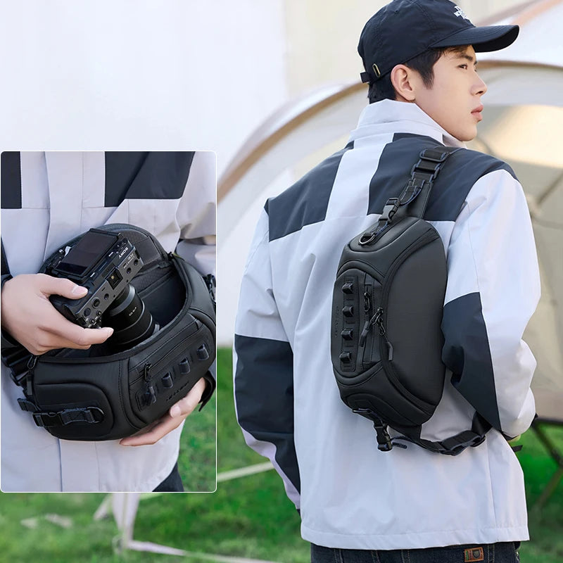 Black Qisemian camera sling bag shown closed, and open three times with a DSLR and lenses in grey dividers