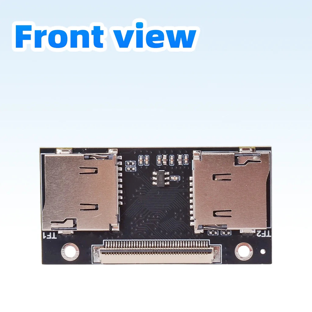 Small black circuit board with two microSD slots marked TF1 and TF2 and a flat ribbon connector along the top edge