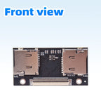Small black circuit board with two microSD slots marked TF1 and TF2 and a flat ribbon connector along the top edge