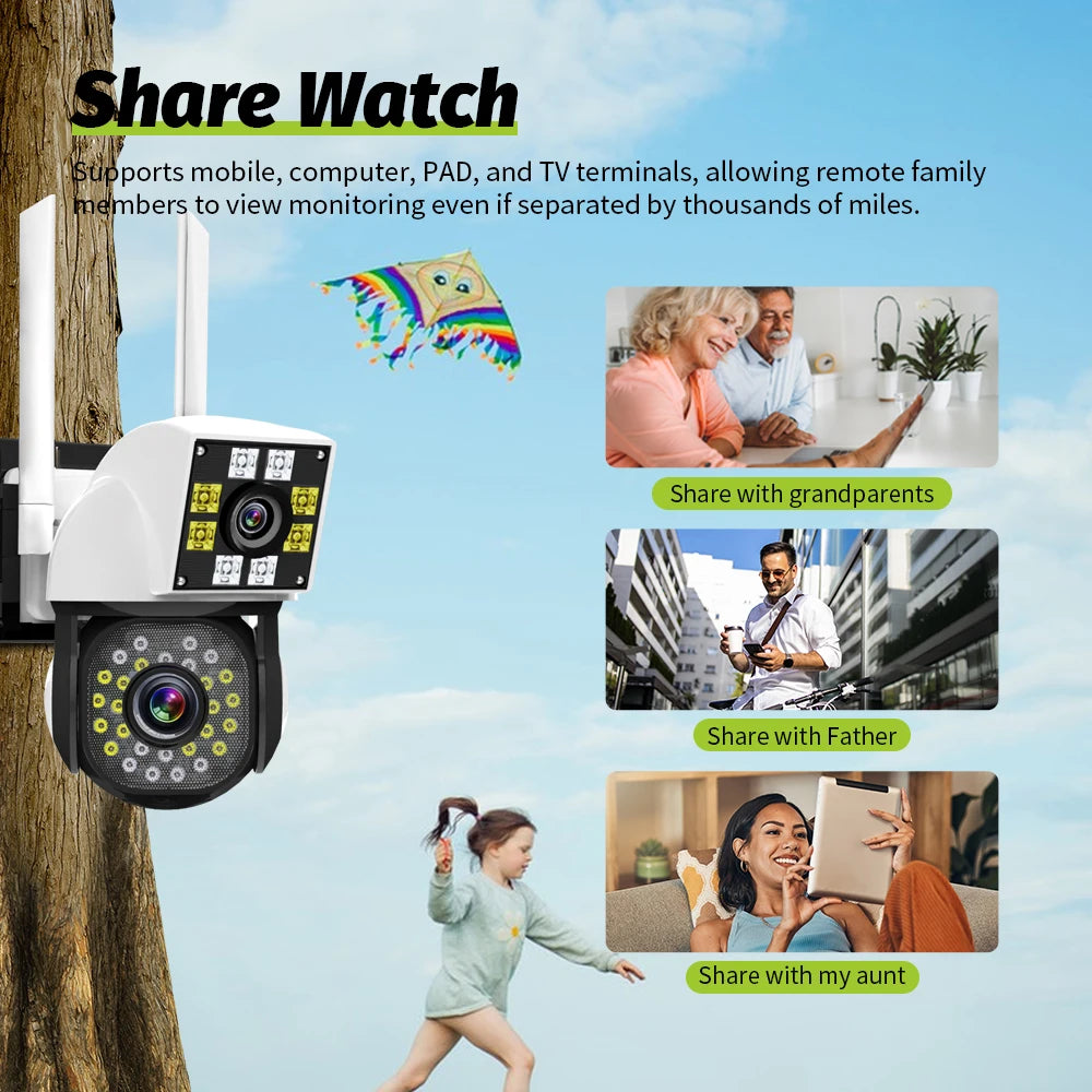 White Neye security camera with a fixed upper lens and a lower pan-tilt lens, beside a phone showing two camera views