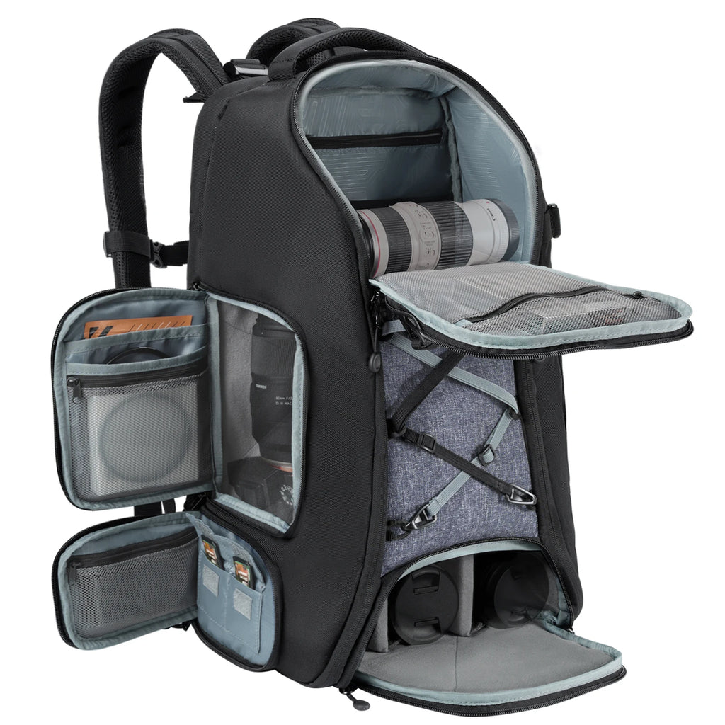 Grey and black camera backpack worn on a man's back with a tripod strapped to one side, plus insets of the rain cover