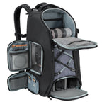 Grey and black camera backpack worn on a man's back with a tripod strapped to one side, plus insets of the rain cover