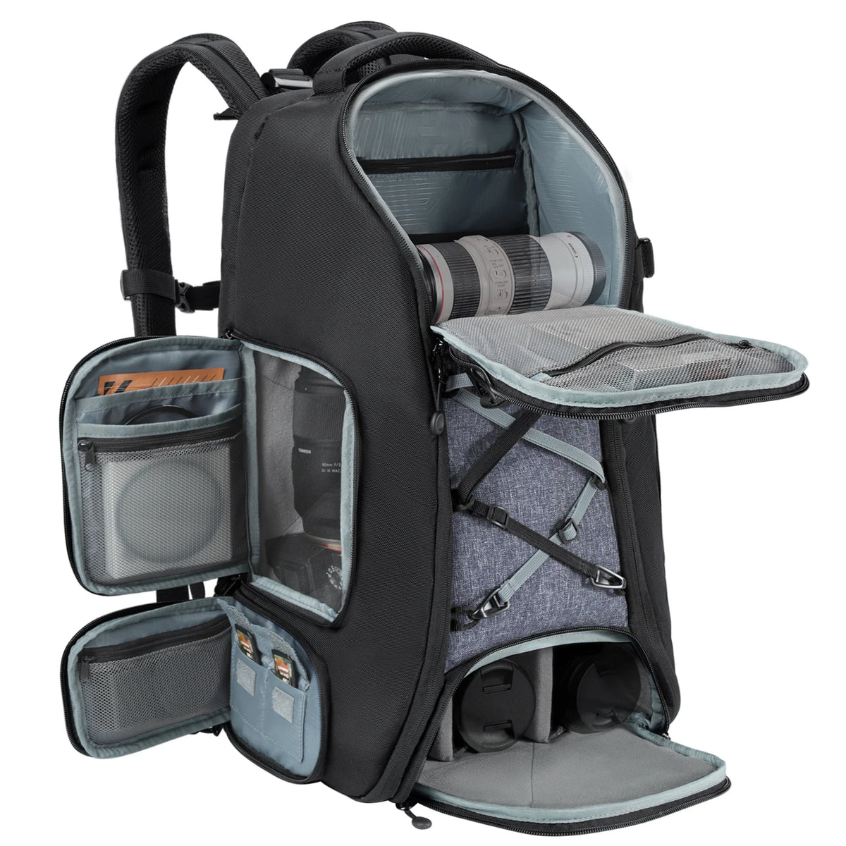 Grey and black camera backpack worn on a man's back with a tripod strapped to one side, plus insets of the rain cover