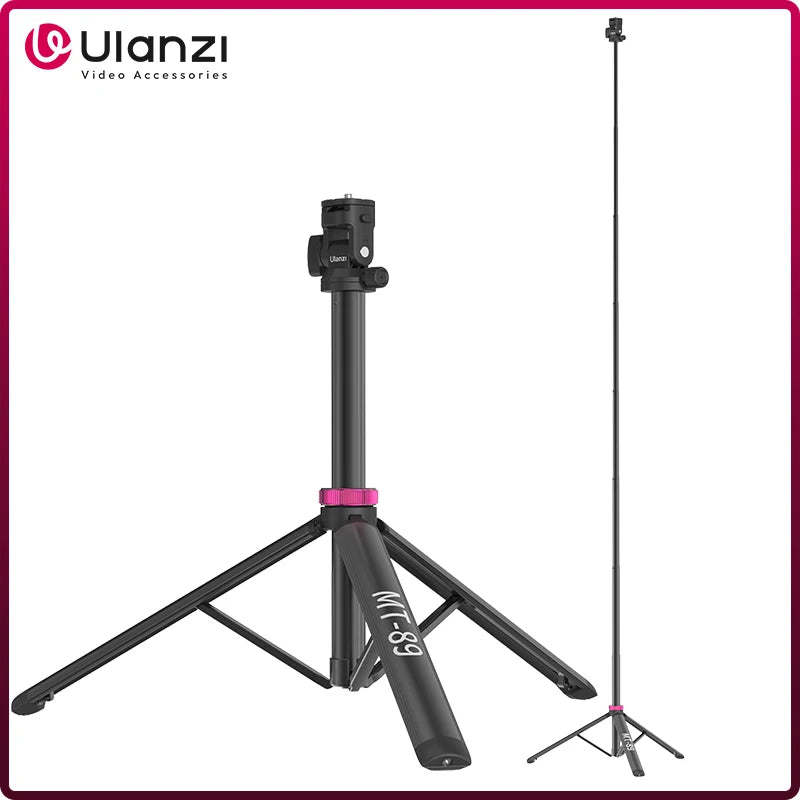 Black Ulanzi MT-89 tripod with a pink locking ring and a small mount head, shown short and fully extended