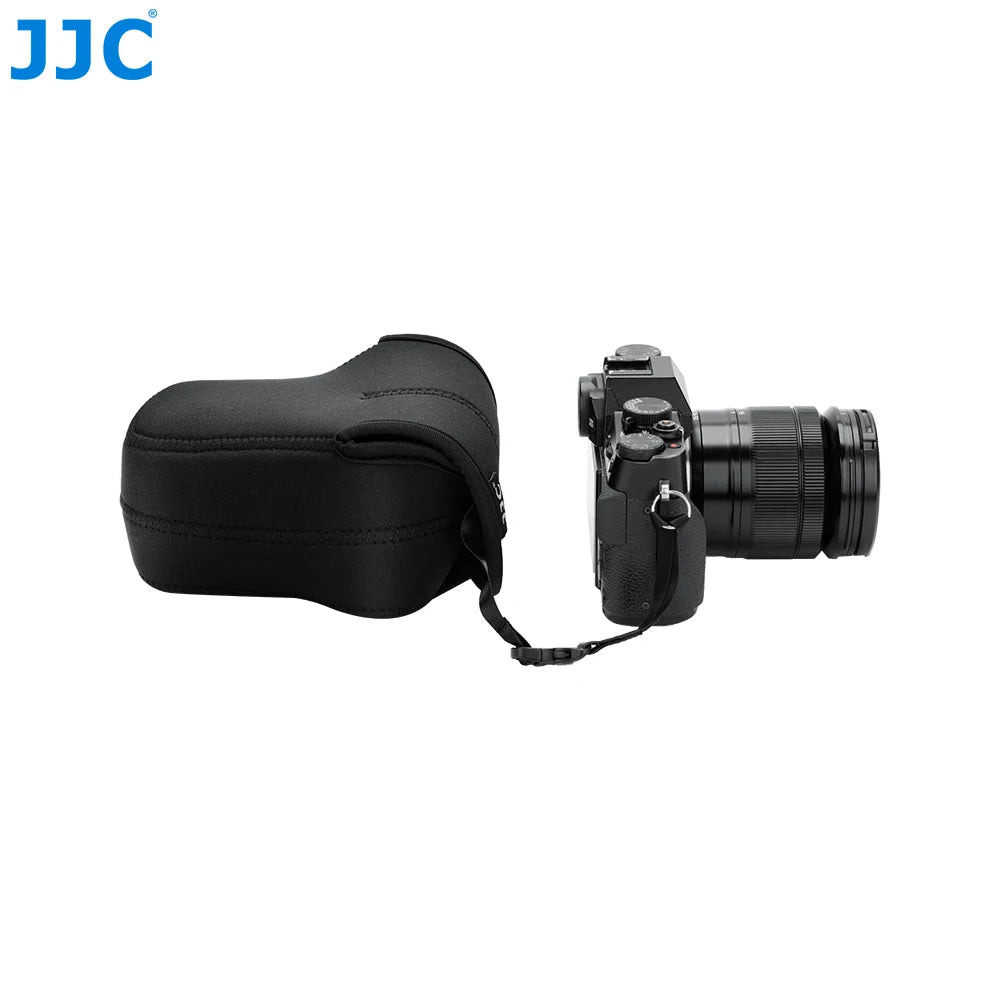 Contoured black soft camera pouch with a zip around the body and two small loops, shown closed on a white background