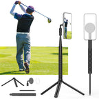 Golfer mid-swing beside a black stand holding a phone on a magnetic mount, with a ground spike, mini tripod legs and parts