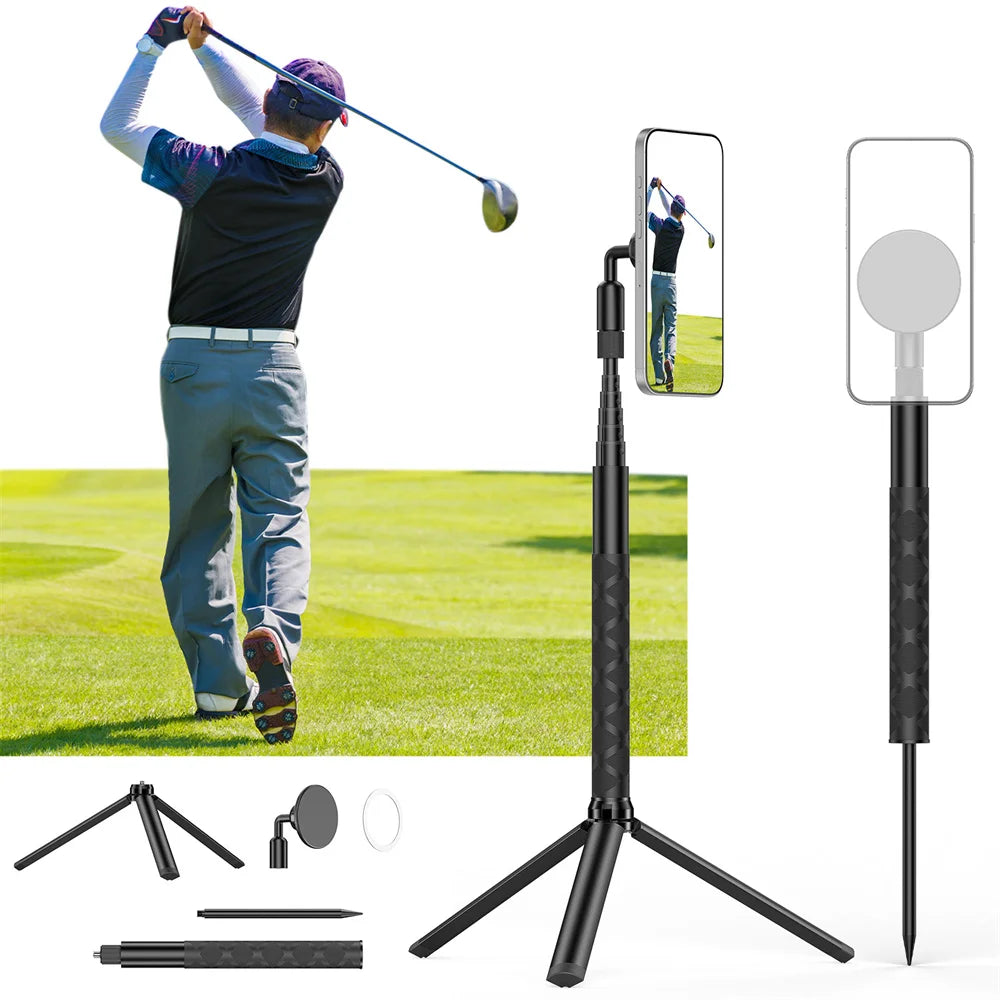 Golfer mid-swing beside a black stand holding a phone on a magnetic mount, with a ground spike, mini tripod legs and parts