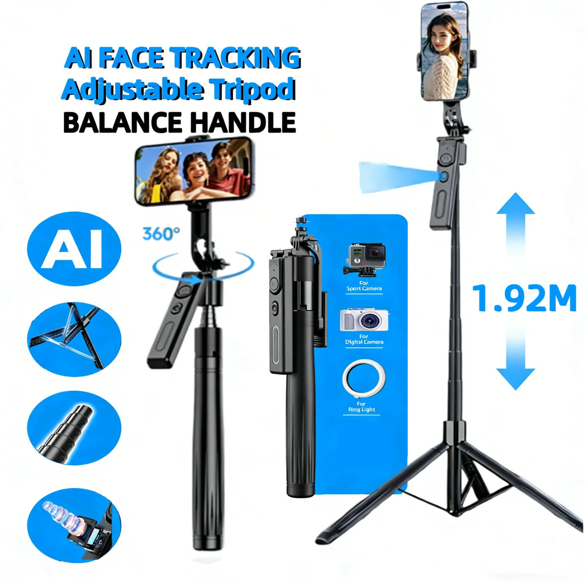 Black selfie stick tripod with a rotating phone mount and a detachable remote, extended tall on rocks with a phone on top