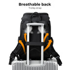 Black K&F Concept camera backpack with a buckled flap top, plus smaller views open to show the camera section