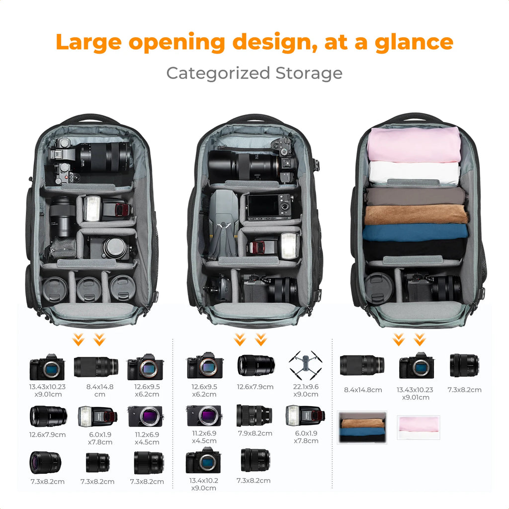 Grey and black camera backpack worn on a man's back with a tripod strapped to one side, plus insets of the rain cover