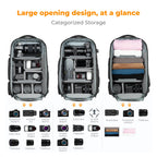 Grey and black camera backpack worn on a man's back with a tripod strapped to one side, plus insets of the rain cover