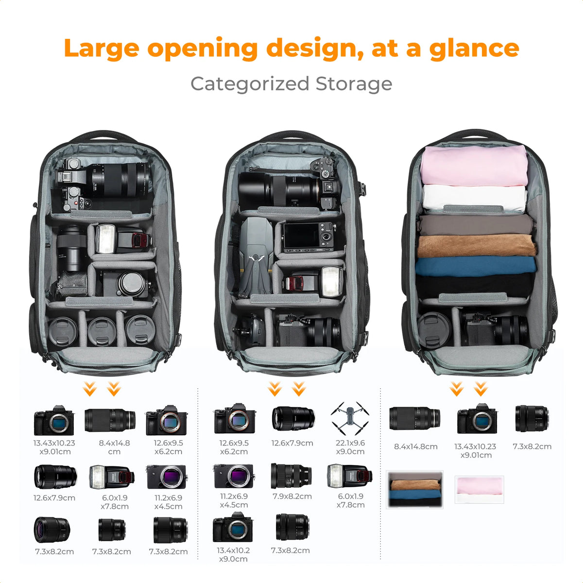 Grey and black camera backpack worn on a man's back with a tripod strapped to one side, plus insets of the rain cover