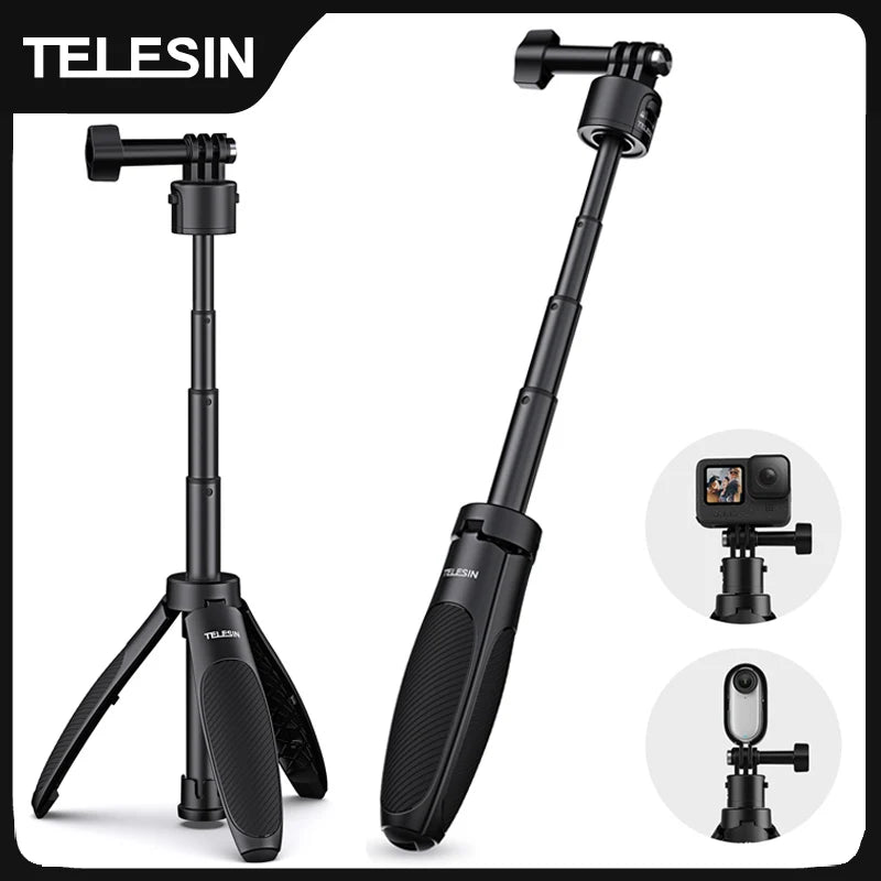 Black Telesin mini tripod standing on open legs beside the same grip extended as a stick, with action cameras in round insets