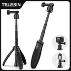 Black Telesin mini tripod standing on open legs beside the same grip extended as a stick, with action cameras in round insets