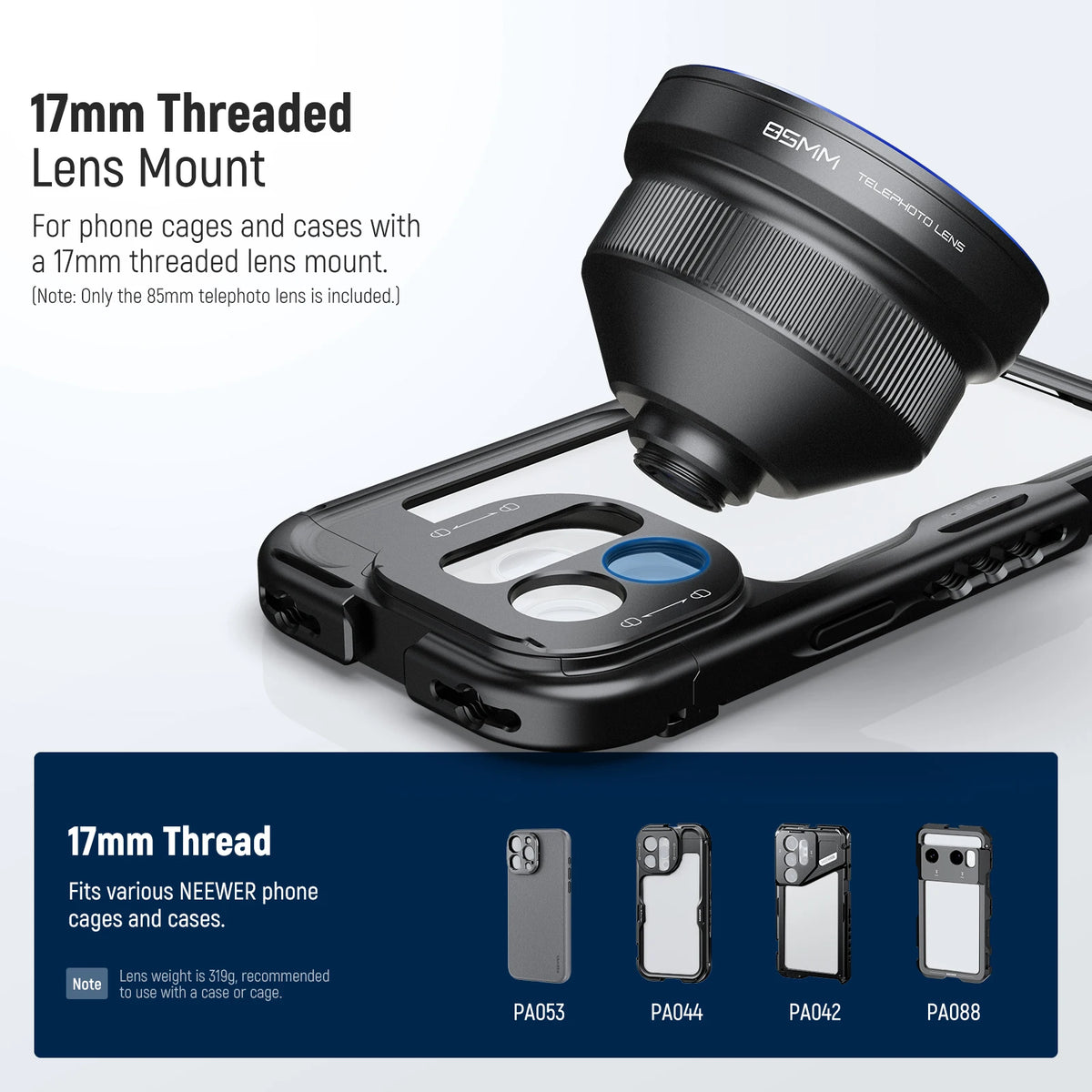 Black Neewer telephoto phone lens with a blue-rimmed front element on a phone case, its round lens cap beside it