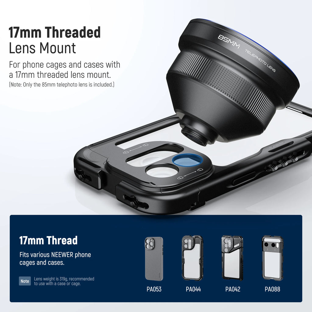 Black Neewer telephoto phone lens with a blue-rimmed front element, mounted on a greyed-out phone, its cap beside it