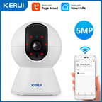 White Kerui pan-tilt camera on a wooden table, with arrows showing 355 degree horizontal and 80 degree vertical rotation
