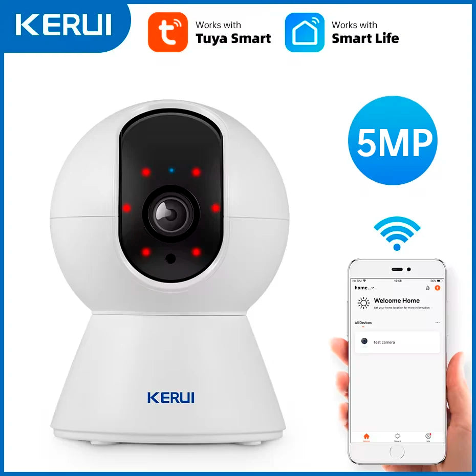 White Kerui pan-tilt camera on a wooden table, with arrows showing 355 degree horizontal and 80 degree vertical rotation
