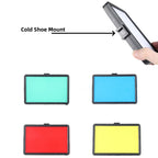 Rectangular LED panel light shown lit in yellow, green, blue and red, with four colored filter cards and a USB controller