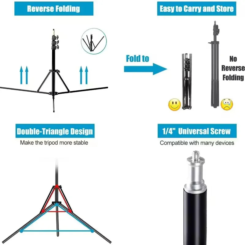 Black light stand extended on spread legs, a folded stand, and small icons of a softbox, umbrella and LED panel