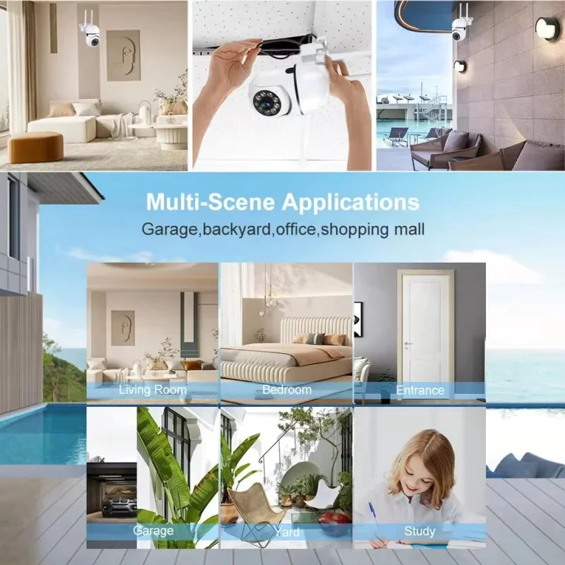 White dome security camera with two antennas and a ring of lights, marked with 355 and 90 degree rotation arrows