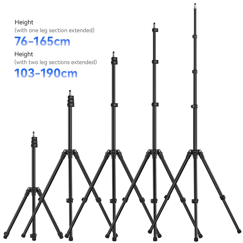 Black Ulanzi light stand with three legs and a stud on top, shown folded compact and being packed into a travel bag