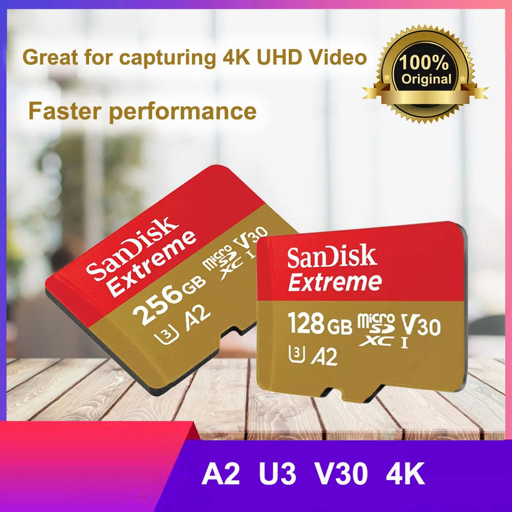 Two SanDisk Extreme microSD cards, 256GB and 128GB, standing upright on a wooden surface