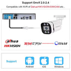 White Simicam bullet security camera on a wall mount, with icons for night vision, one-way audio, H.265 and Onvif