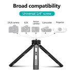 Black metal mini tripod with a 1/4 inch screw on top, shown with its legs in four positions from flat to upright