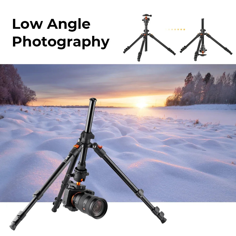 Black K&F Concept tripod with an orange-trimmed ball head, a phone clip, folded legs and close-ups of the plate and packaging