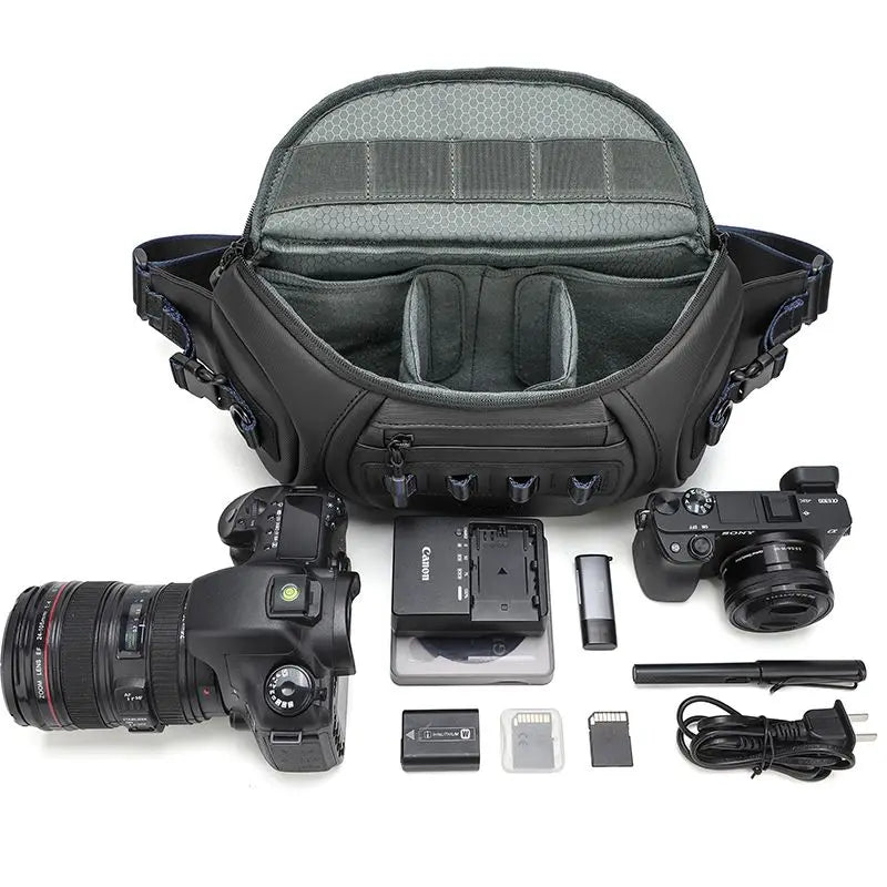 Black camera sling bag open from the top to show grey dividers, above three views holding a camera and lenses