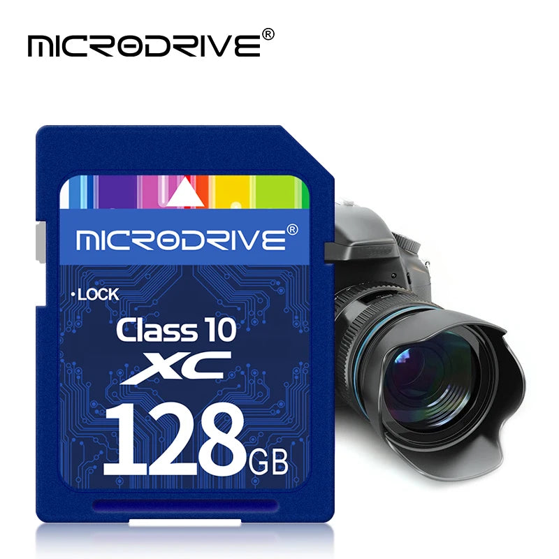 Four blue Microdrive Class 10 SD cards stepped in a row, with a Canon DSLR lens in the top corner