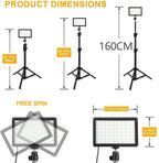 Two LED panel lights on black tripod stands with USB cables, beside panels glowing red, orange, purple, green and blue