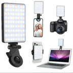 Black clip-on LED panel with warm and cool beads, shown clipped to a phone, mounted on a DSLR and clipped to a laptop