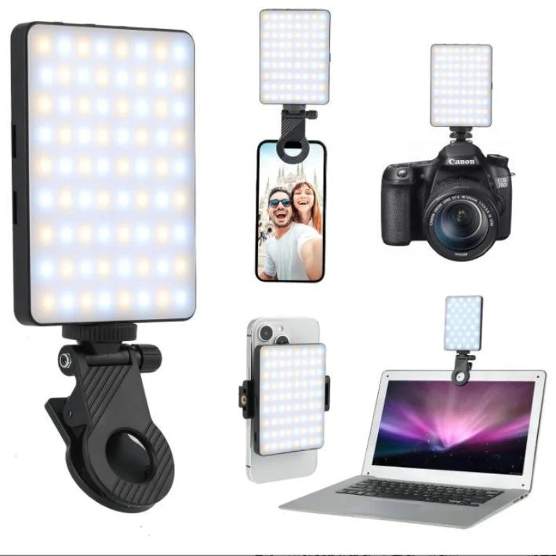 Black clip-on LED panel with warm and cool beads, shown clipped to a phone, mounted on a DSLR and clipped to a laptop