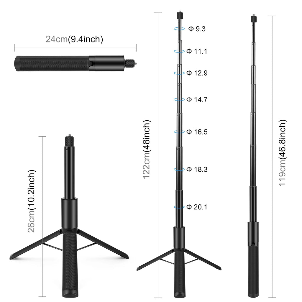 Black Puluz selfie stick on small tripod legs with a 360 camera on top, and a close-up of its knurled screw connector